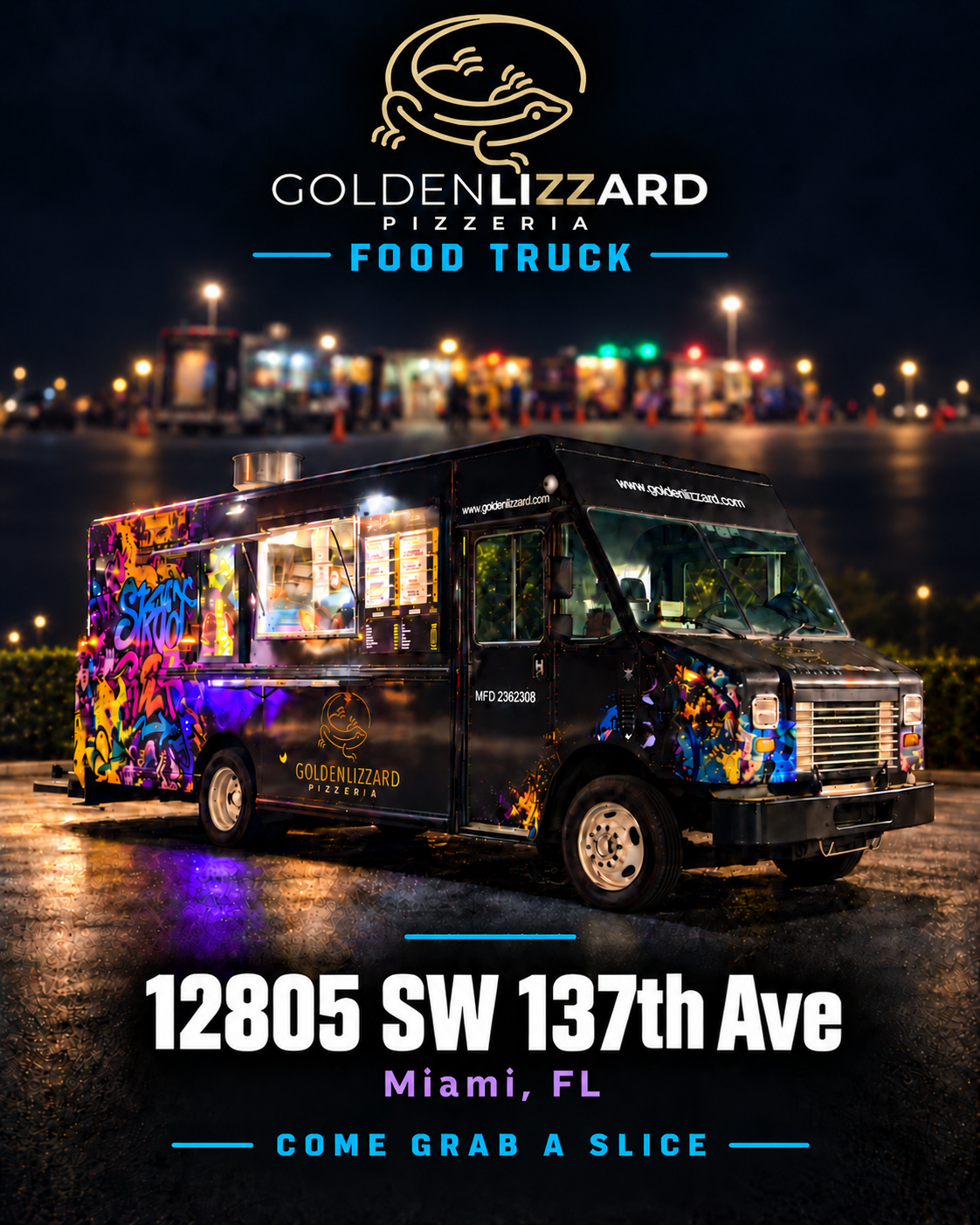 Golden Lizzard food truck with colorful graffiti artwork at night